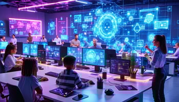 The image depicts a vibrant, futuristic workspace filled with diverse individuals collaborating around sleek computer terminals and digital screens. 